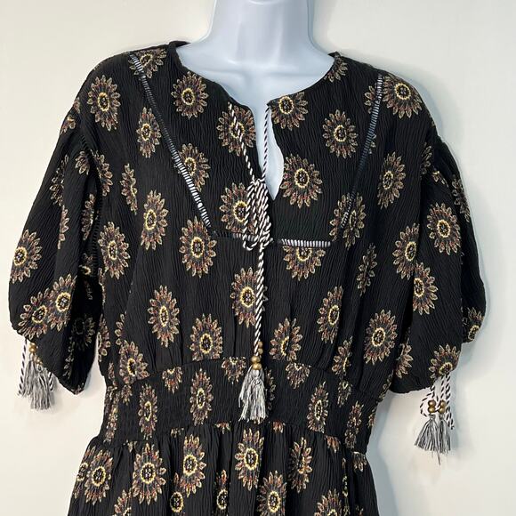 POL Boho Peasant Black Floral Artisan Midi Dress Cinched Waist Tassels Indie M - Picture 5 of 14